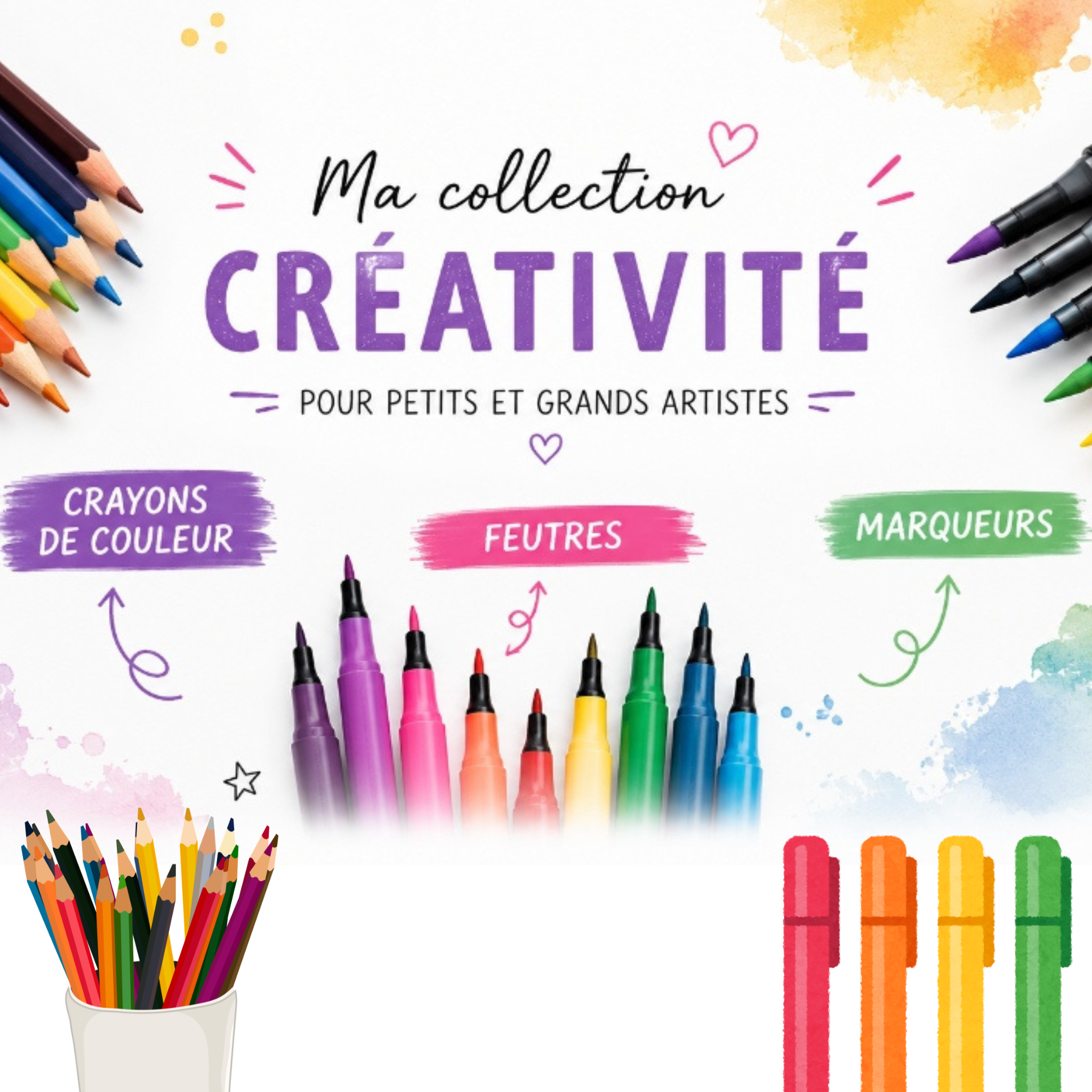 Crayons de couleurs, feutres, marqueurs