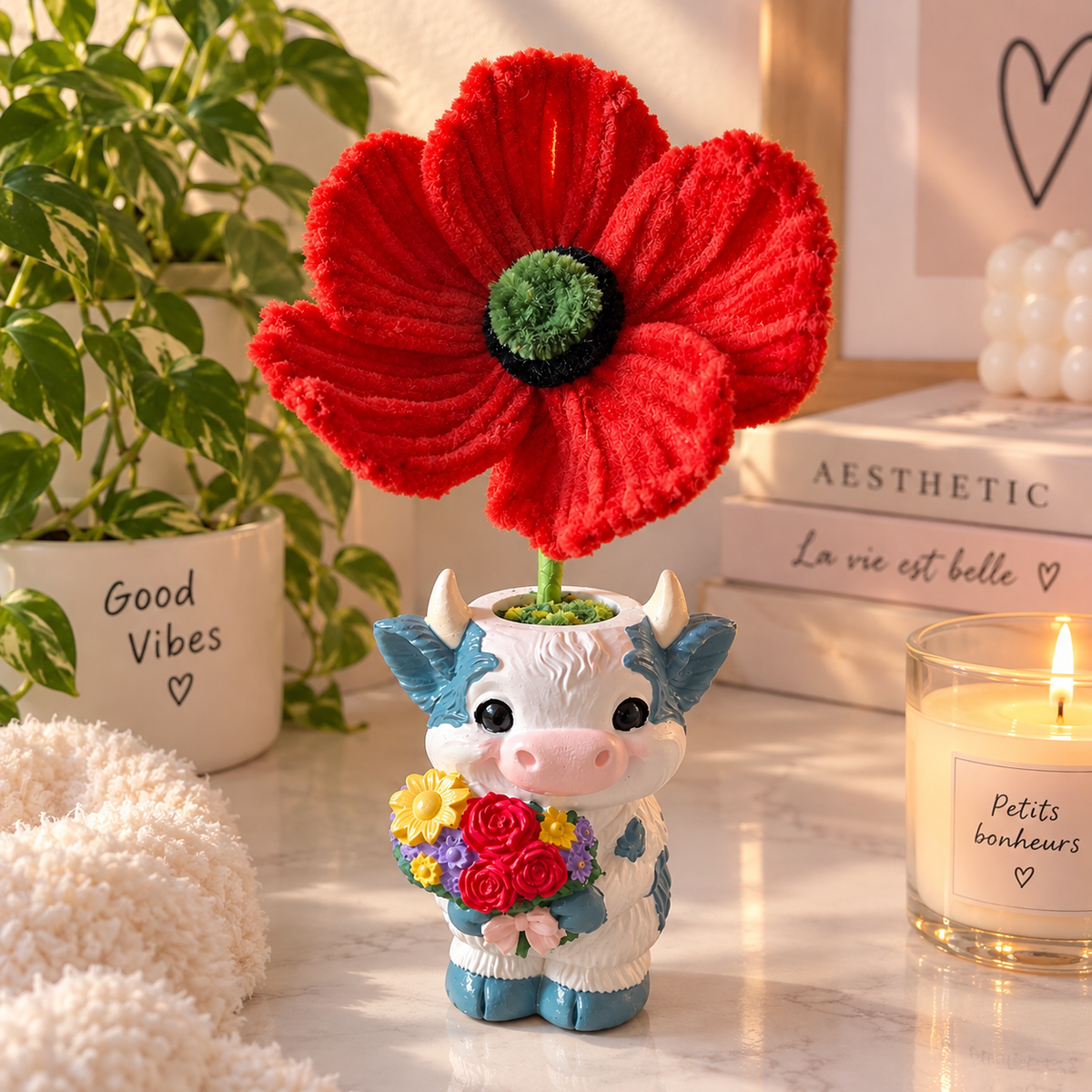 Vache fleurie avec un coquelicot – Décoration faite main