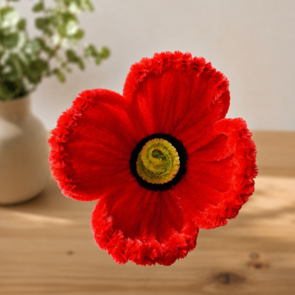 Coquelicot rouge en fil chenille fait main – Fleur artificielle décorative